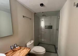 a bathroom with a toilet and a glass shower at Casa Coco H2 Arena in San Cristóbal de Las Casas +6 photos