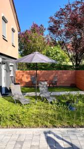 two chairs and an umbrella in a yard at Tina´s Bleibe in Igersheim +6 photos