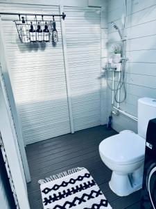 a bathroom with a shower with a toilet and a rug at Võsu Rent NUKUMAJA Puhkekodu in Võsu