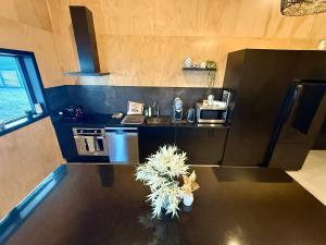 a kitchen with a black counter top and a plant at The Mango Shed in Mangakino