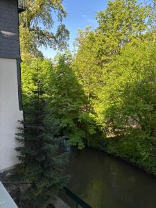 a view of a river with trees and a building at Ferienwohnung direkt an der Lahn in Wetzlar