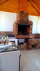 a kitchen with a stove and a brick fireplace at Casuta de la ferma in Băiculeşti