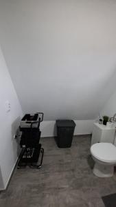 a bathroom with a toilet and a trash can at Casuta de la ferma in Băiculeşti +50 photos