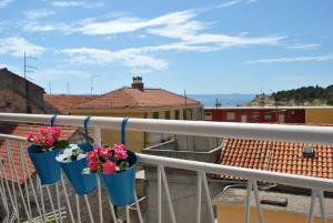 two blue buckets filled with flowers on a balcony at Apartment Optimist in Makarska