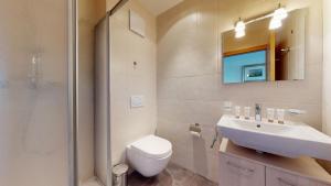 um banheiro com pia, vaso sanitário e chuveiro em Hauts de Veysonnaz HV1 011 - SAUNA apartment 4 per em Veysonnaz