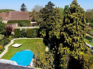 an aerial view of a garden with a blue pond at Chambre du moulin in Crespin