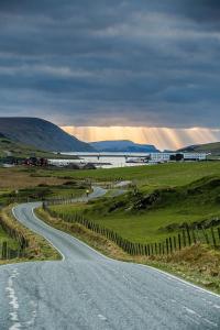 a winding road in the middle of a field at Scalloway Caravan Park in Scalloway