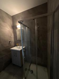a bathroom with a shower and a sink at Oroklini's Flat in Larnaka
