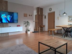 sala de estar con TV de pantalla plana grande en la pared en Apartment SKI-BIKE-HIKE 2, Vyšné Ružbachy, en Vyšné Ružbachy