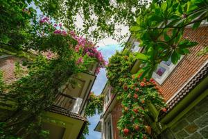 会安Ancient Garden Boutique Hoi An的一组挂满鲜花的建筑