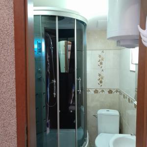 a glass shower in a bathroom with a toilet at Majowy Domek in Rymanów-Zdrój +15 photos