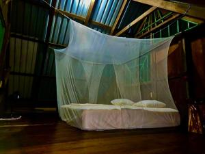 a bed covered in a net in a room at Shared Beach House in Drake