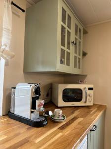 a kitchen counter with a coffee maker and a microwave at Ferienhaus KellerwaldChalet in Jesberg mit großem Garten zur Alleinnutzung in Jesberg