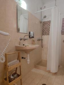 a bathroom with a sink and a shower at Amalia Apartment in Perítheia