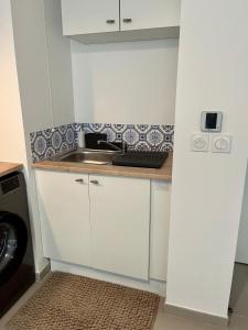 Una pequeña cocina con fregadero y encimera. en Appartement 2 pièces Résidence avec Piscine, en Villeneuve-Loubet 29 fotos más