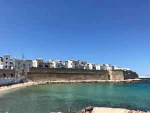 a view of a beach with white buildings and the ocean at Seafront Apartments in Monopoli Old Town in Monopoli