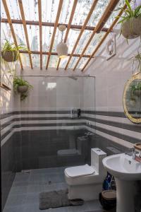 a bathroom with a toilet and a sink at The Owls Nest Farm in Dharmsala