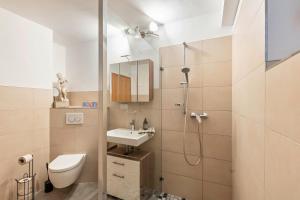 a bathroom with a toilet and a sink and a shower at Ferienwohnung Amselstraße in Marburg an der Lahn +18 photos