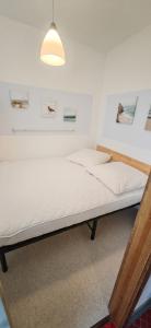 een bed in een kamer onder een lamp bij Vier Jahreszeiten Möwenblick in Großenbrode-Kai