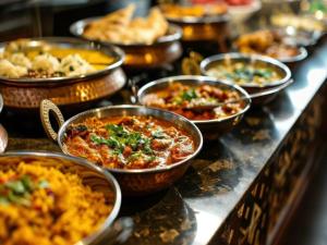 un montón de tazones de comida en una mesa en Hotel Sweet Home Lodge - 2 min from New Delhi Railway Station, en Nueva Delhi