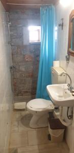 a bathroom with a toilet and a sink and a blue shower curtain at Eco-Wellness in Stoupa +4 photos