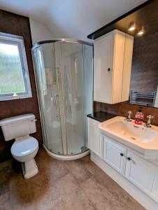 Un baño con ducha, inodoro y lavabo. en 4 Bed 4 Bathroom Home, en Muxton 39 fotos más