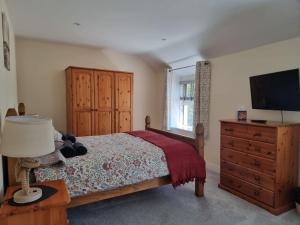 a bedroom with a bed and a dresser and a television at Cosy Cottage in a quaint village in North Devon. in Abbotsham