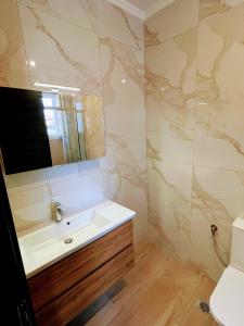 a bathroom with a sink and a mirror at Ble Studios in Nikiti