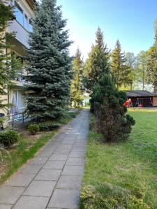 a sidewalk in front of a house with trees at Apartament Okuninka DINA20 in Okuninka