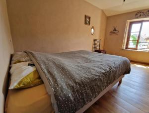 a bedroom with a bed with a gray comforter at 2 CHAMBRES DANS MAISON EN PIERRE ATYPIQUe in Lœuilley