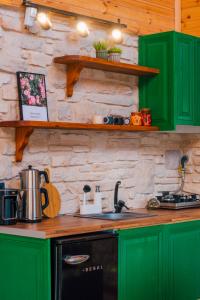 eine Küche mit grünen Schränken und einem Herd in der Unterkunft Vadi Resort in Korfez
