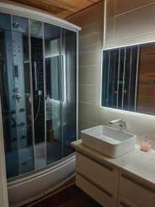 une salle de bain avec lavabo et douche dans l'établissement Tallinna mnt Kodu, à Pärnu