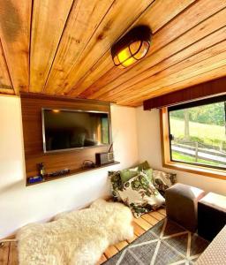 a living room with a couch and a tv on a wall at Tiny Urubici -P Cachoeira da Neve in Urubici
