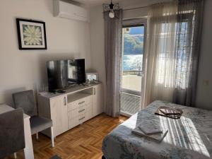 a bedroom with a bed and a tv and a window at Zora Apartment in Plužine