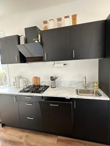 a kitchen with black cabinets and a sink at In Seenähe - Modernes Chalet im Ferienpark De Veerstal - familienfreundlich! in Lathum