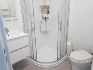 a bathroom with a shower with a toilet and a sink at 1A studio à neuf Tout équipé in Tourcoing