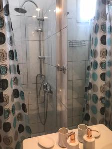 a bathroom with a shower with two cups on a sink at ARIS House in Agia Paraskevi +45 photos