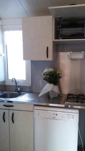 a kitchen with a vase of flowers on a counter at CHALET Les ALGUES in Plobannalec-Lesconil