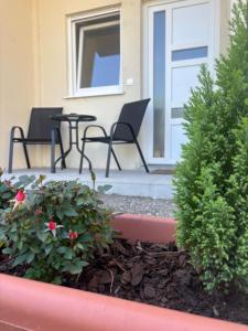 a porch with chairs and flowers in front of a door at Residency appartment in Danilovgrad