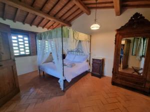a bedroom with a canopy bed and a mirror at Le Sorbelle D'Orcia in Pienza