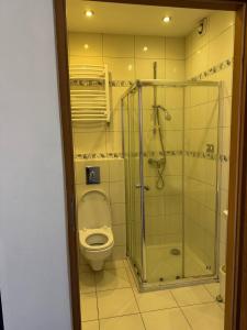 ein Badezimmer mit Toilette und Glasdusche in der Unterkunft Hub Property in Góra Kalwaria
