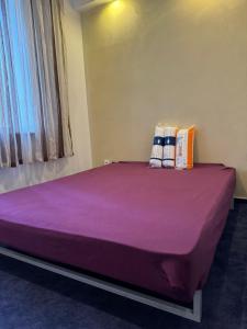 ein großes lila Bett mit zwei Kissen darauf in der Unterkunft Hub Property in Góra Kalwaria + 8 Fotos