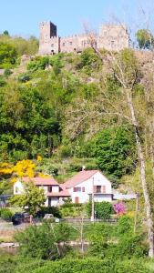 a castle on top of a hill with a house at Chez Nicole et Patrick in Chouvigny