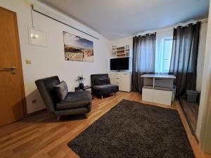 Una sala de estar con una silla y un televisor. en Cosy Retreat in Friolzheim, en Friolzheim