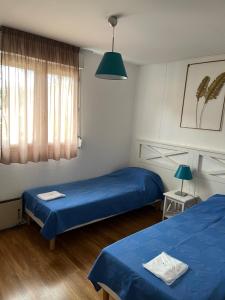 2 Betten in einem Zimmer mit blauer Bettwäsche in der Unterkunft Patrimoine et immobilier Villas du Lac in Soustons