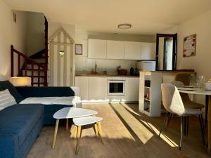 滨海布隆维尔Le Cottage D'Ilona的带蓝色沙发的客厅和厨房