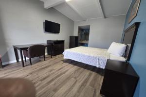 una camera da letto con un letto, una scrivania e una TV di Luxury Inn & Suites a Nacogdoches