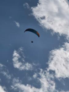 a kite is flying in a cloudy sky at Zankhrpas A Himalayan Home - Manali in Manāli
