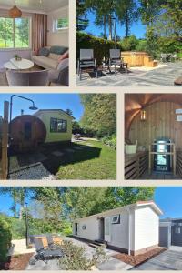 a collage of pictures of a house and a caravan at Stelle Maris Wellness, carefree enjoyment! Private Sauna & Hottub in Zeeland, Airco, Free Wifi and more! in Heinkensand
