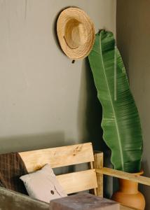 a hat and a large green plant on a wall at Na Villa dos Algodões in Marau
